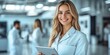 © Neural Pixels - Young woman in a lab coat smiles at the camera while colleagues work in the background
