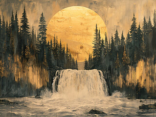 golden waterfall cascading under a moonlit sky, with a large, round moon rising above the waterfall