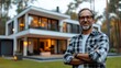 © Neural Pixels - A man stands confidently in front of a contemporary home at dusk