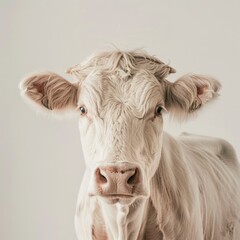 Wall Mural - Medium shot of a cow full body shot, isolated on a light solid pastel white background, 