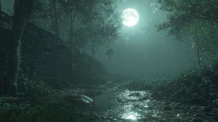 Poster - Eerie Night Scene with Moonlit Water and Fog