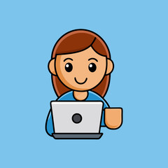 Poster - Woman Operating Laptop With Coffee Cartoon Vector Icon Illustration