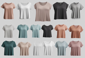 Set of ladies summer t-shirt tops blank mock-up in different colours isolated on transparent backgro