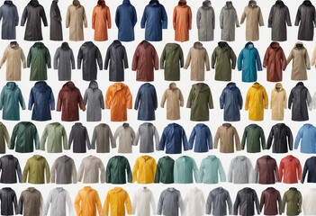 Set of mens classic waterproof long raincoats in different colours isolated on transparent backgroun