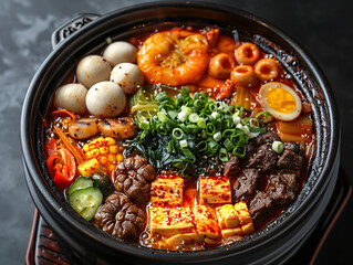 korea hot pot with a variety of ingredients including beef, tofu, noodles, and greens, all in a rich, dark broth.