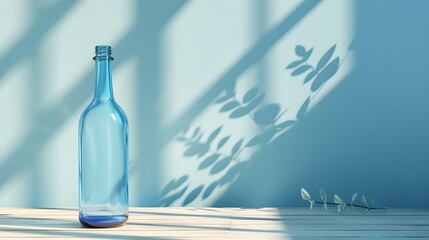 Wall Mural - Serene Blue Glass Bottle Casting Shadows in a Minimalist Setting