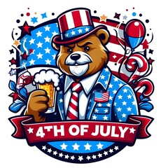 Wall Mural - Patriotic Bear Celebrating 4th of July with Beer