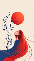 Sticker - Surreal Woman with Flowing Hair and Red Sun