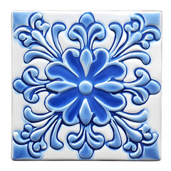 Majolica floral blue folk ceramic tile isolated on white background. Talavera style with navy blue floral ornament. Traditional Portuguese and Spain decor