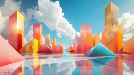 Wall Mural - Vibrant Geometric Landscape with Colorful Structures and Reflective Water