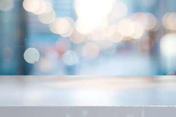 Canvas Print - A blurry image of a city street with a white table in the foreground.