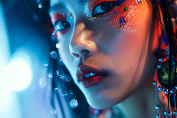 Close-up of a model's face adorned with avant-garde makeup and accessories, walking the runway under dramatic lighting.