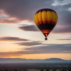 Wall Mural - Hot air balloon ride in the sky above landscape at sunrise or sunset. Tourism, travel attraction and adventure concept. Generated AI