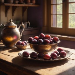 Canvas Print - Cozy rustic kitchen interior with lemon fruits on old wooden table.