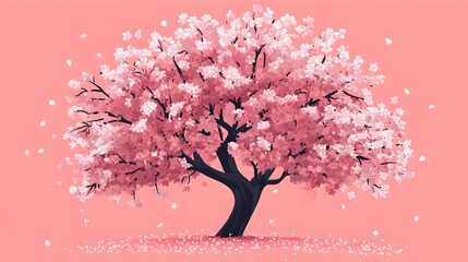 Flat design of Sakura tree in full bloom on pink background