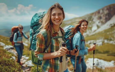 A young woman with a backpack and a smile on her face, wearing a hat, traveling with friends. The joyful traveler is captured in a moment of happiness and adventure.