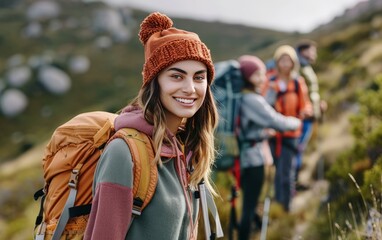 A young woman with a backpack and a smile on her face, wearing a hat, traveling with friends. The joyful traveler is captured in a moment of happiness and adventure.