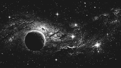 Aufkleber - Lonely planet in deep space on beautiful starry nebula background in stippling style. Mysterious alien exoplanet in outer space. Retro styled dotwork. Pointillism. Dots shading. Vector illustration