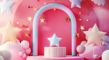 Wall Mural - Pastel-themed stage scene with floating stars, balloons, and clouds, featuring a central star on a podium against a pink background. Perfect for celebrations or dreamy settings.