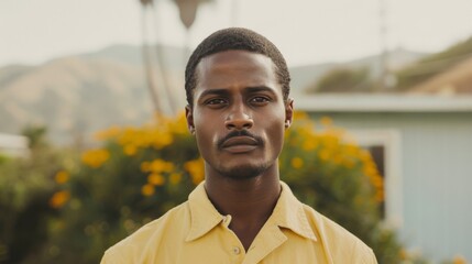 Young Man Standing Confidently Against Floral Background in Sunlit Outdoor Setting