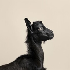 Wall Mural - Medium shot of a black goat full body shot, isolated on a light solid pastel white background,