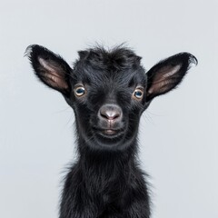 Wall Mural - Medium shot of a black goat full body shot, isolated on a light solid pastel white background,