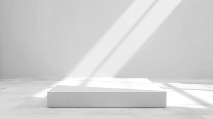 Aufkleber - Empty marble stone white podium stage table in white empty studio room with sunlight beams from windows. White empty table stage mock up background for products and design