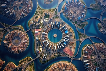 Wall Mural - Futuristic city aerial view at sunny day. Round structure of sci-fi metropolis from the bird view