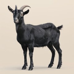 Wall Mural - Medium shot of a black goat full body shot, isolated on a light solid pastel white background,