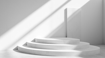 Leinwandbilder - Empty marble stone steps white podium stage table in white empty studio room with sunlight beams from windows. White empty table stage mock up background for products and design