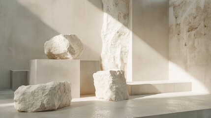 Leinwandbilder - Stone podium stage mock up in stone concrete marble room, stone podium mock up platform marble and stone empty room copy space pedestal product placement template for cosmetic products empty room