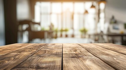 Fototapete - Wooden table with blurred office background empty copy space mock up