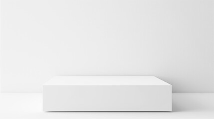 Poster - Empty white podium stage table in white empty studio room with sunlight beams from windows. White empty table stage mock up background for products and design, white wall square place