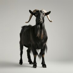 Wall Mural - Medium shot of a black goat full body shot, isolated on a light solid pastel white background,