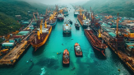 Wall Mural - A bustling shipyard with numerous cargo ships and boats docked in a busy port, surrounded by industrial cranes and warehouses amidst a picturesque landscape