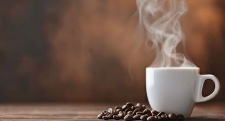 Sticker - Hot Coffee Cup With Steam on Wooden Surface Surrounded by Coffee Beans