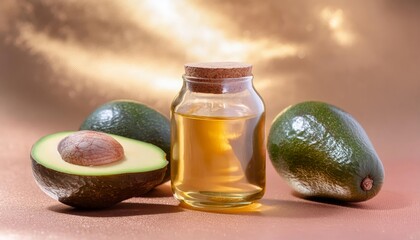 Wall Mural - Avocado oil in a glass jar with whole and half cut avocados beside it, isolated on white background. Natural beauty and health benefits of this versatile ingredient