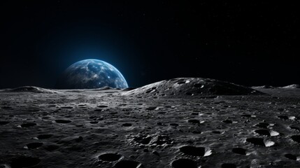 Wall Mural - Moon s rugged surface with earth in background against vast expanse of dark space