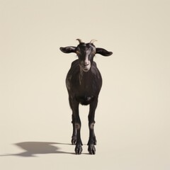 Wall Mural - Medium shot of a black goat full body shot, isolated on a light solid pastel white background,