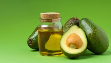 Wall Mural - Avocado oil in a glass jar with whole and half cut avocados beside it, isolated on white background. Natural beauty and health benefits of this versatile ingredient