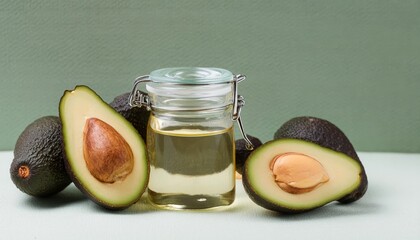 Wall Mural - Avocado oil in a glass jar with whole and half cut avocados beside it, isolated on white background. Natural beauty and health benefits of this versatile ingredient