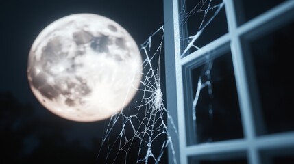 Wall Mural - A haunted house with broken windows, cobwebs, and a full moon in the background, high-resolution photo, realistic photo