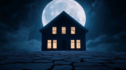 Wall Mural - A haunted house with broken windows, cobwebs, and a full moon in the background, high-resolution photo, realistic photo