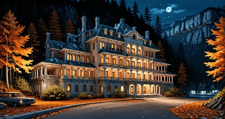 luxury hotel resort at the base of a mountain in the yellow orange autumn woods at night. modern baroque architecture building in the woodland wild forest mountains.