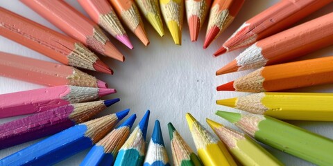 Colorful pencils in a circular shape on a white background.