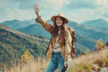 It is wonderful. Happy woman traveler with backpack taking selfie or recording video for travel blog, waving at camera against background of mountains, Generative AI