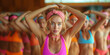 © Andres Mejia - Group of women wearing colorful outfits doing aerobics in a gym