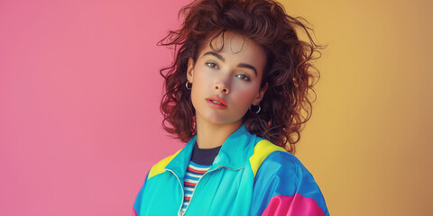 young woman posing wearing 80s fashion in front of colorful background