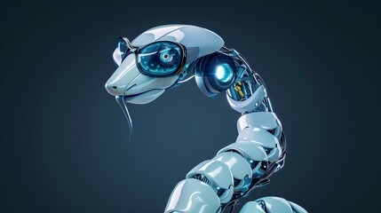 Wall Mural - Futuristic snake-like robot with glasses, holding an open book in a digital world of blue tones, blending technology and knowledge in a sleek, modern design.