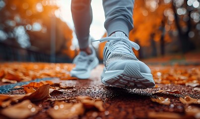 A closeup of a male athlete trying on jogging shoes in a stadium, showcasing the sport lifestyle concept of running on the track.